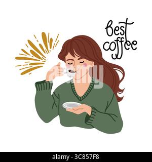 Donna che si gusta un caffè in Hand Drawn Vector Art Illustrazione Vettoriale