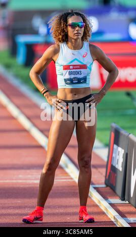 1 agosto 2025 Eugene, O atleta degli U.S.A. Heptathlon Taliyah Brooks in attesa che i 800 metri partissero durante il secondo giorno del Campionato USATF Outdoor Track and Field Championship a Hayward Field Eugene O Thurman James/CSM Foto Stock
