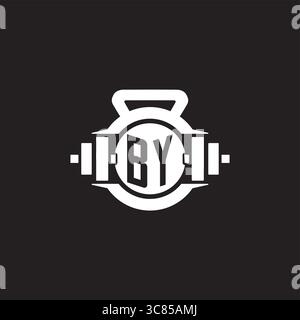 Iniziale PER idee di design del logo con semplice grafica vettoriale con icona a forma di manubrio e kettlebell Illustrazione Vettoriale