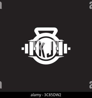 Idee iniziali per il design del logo KJ con semplice grafica vettoriale con icona a forma di manubrio e kettlebell Illustrazione Vettoriale
