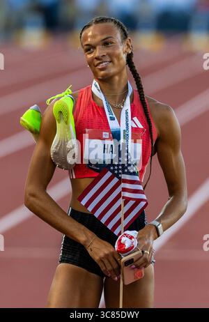 1 agosto 2025 Eugene, O l'atleta statunitense di Heptathlon Anna Hall reagisce dopo aver vinto l'eptathlon durante l'USATF Outdoor Track and Field Championship Day 2 a Hayward Field Eugene O Thurman James/CSM Foto Stock
