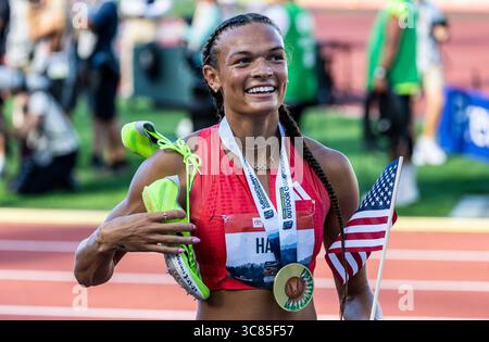 1 agosto 2025 Eugene, O l'atleta statunitense di Heptathlon Anna Hall reagisce dopo aver vinto l'eptathlon durante l'USATF Outdoor Track and Field Championship Day 2 a Hayward Field Eugene O Thurman James/CSM Foto Stock