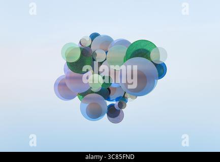 Rendering 3D di dischi in vetro trasparente impilati con bordi iridescenti su pavimento in marmo con illuminazione naturale soffusa Foto Stock