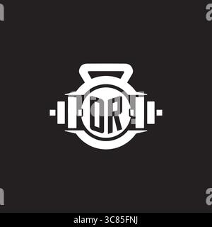 Idee di design iniziali O con logo con semplice grafica vettoriale con icona a forma di manubrio e kettlebell Illustrazione Vettoriale
