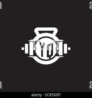 Idee iniziali per il design del logo YQ con semplice grafica vettoriale con icona a forma di manubrio e kettlebell Illustrazione Vettoriale
