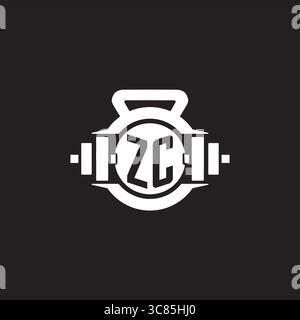Idee iniziali per il design del logo ZC con semplice grafica vettoriale con icona a forma di manubrio e kettlebell Illustrazione Vettoriale