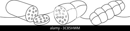 Salsiccia con fette, salsiccia cruda, salsiccia di maiale a una linea continua. Menu di macelleria. Illustrazione vettoriale. Illustrazione Vettoriale