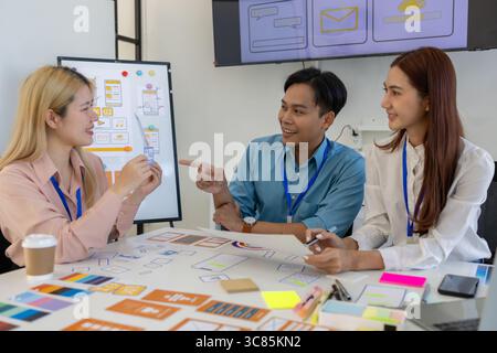 i progettisti di ux, ui, web e app mobili stanno discutendo dell'aspetto del sito web o dell'app che stanno progettando, inclusi schemi di colori e layout Foto Stock