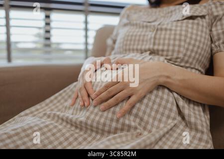 una madre incinta si sta rilassando su un divano in casa sua, la gravidanza di una donna, la famiglia, una donna era molto felice perché era incinta e presto sarebbe g Foto Stock