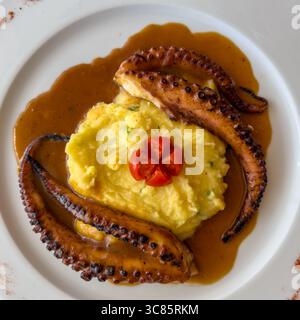 Tentacoli di polpo deliziosamente bruciati serviti con purea cremosa di patate e salsa ricca. Foto Stock