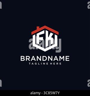 Lettera iniziale logo FK con forma esagonale del tetto per la casa idee di design grafica vettoriale Illustrazione Vettoriale