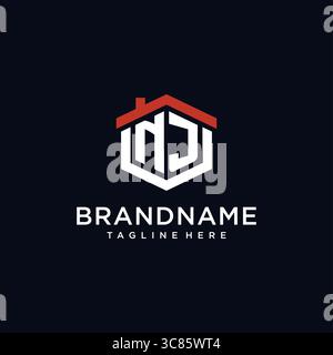 Lettera iniziale logo NJ con forma esagonale del tetto per la casa idee di design grafica vettoriale Illustrazione Vettoriale
