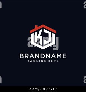 Lettera iniziale logo KJ con forma esagonale del tetto per la casa idee di design grafica vettoriale Illustrazione Vettoriale