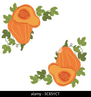 Zucca e vite senza cuciture con foglie verdi su sfondo bianco. Bordo d'angolo vegetale Illustrazione Vettoriale