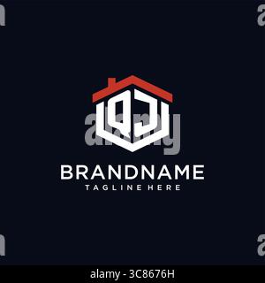 Lettera iniziale del logo QJ con forma esagonale del tetto della casa idee di design grafica vettoriale Illustrazione Vettoriale