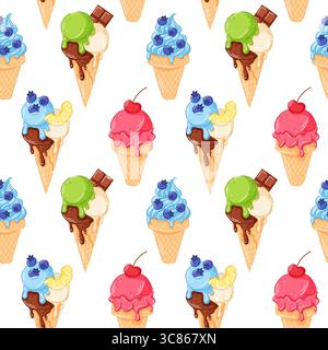 Motivo senza cuciture con coni colorati per gelato con frutta e cioccolato su sfondo bianco in stile cartoni animati. Perfetto per l'estate dei dessert Illustrazione Vettoriale