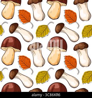 Motivo senza cuciture di funghi e foglie in stile cartoni animati su sfondo bianco. Decorazioni autunnali naturali, perfette per il design di pacchetti gastronomici, tema foresta e. Illustrazione Vettoriale