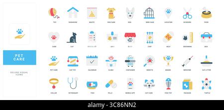 Set completo di icone per la cura degli animali domestici in stile piatto, tra cui animali, accessori, salute, cura del corpo e elementi veterinari per il servizio degli animali e le esigenze di informazione illustrazione vettoriale isolata Illustrazione Vettoriale