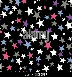 Un motivo senza cuciture presenta stelle colorate sparse su uno sfondo nero Foto Stock
