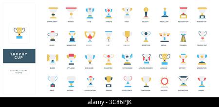 Collezione di icone di coppa trofei in stile piatto, ciascuna etichettata con diversi titoli di premio, che rappresentano il raggiungimento, il riconoscimento e il successo in vari contesti, illustrazione vettoriale isolata Illustrazione Vettoriale