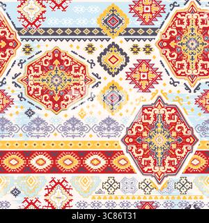 Un vivace motivo senza cuciture presenta un mix di ornamenti etnici e geometrici in rosso, giallo e blu Foto Stock