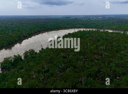 Vista aerea di un fiume tortuoso che attraversa una fitta tettoia della foresta sotto un cielo nuvoloso, Bori, Rivers, Nigeria. Foto Stock