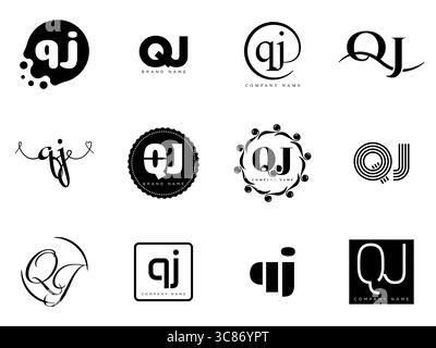 Modello aziendale del logo QJ. Logotipo lettera q e J. Imposta diverse lettere serif classiche e testo moderno in grassetto con elementi di design. Tipog font iniziale Illustrazione Vettoriale