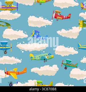 Piano di sfondo senza cuciture, aereo, nuvola simpatica per bambini Illustrazione Vettoriale
