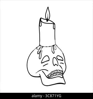 Illustrazione del cranio con candela nella linea bianca e nera art Schizzo del cranio disegnato a mano. Ossa dipinte da inchiostri neri. Illustrazione vettoriale disegnata a mano Illustrazione Vettoriale