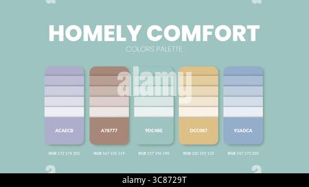 Guida alla tavolozza dei colori nelle collezioni di temi di colore comfort casalinghi. Ispirazione a colori o grafico con modello di codici. Combinazione di colori RGB. Campioni di colori Illustrazione Vettoriale