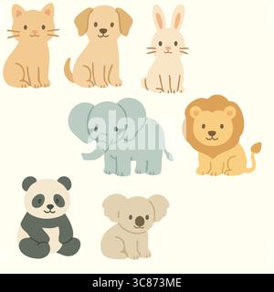 Un modello di nove facce di animali in stile kawaii tra cui cani, gatti, conigli, panda e orsi. Illustrazione Vettoriale