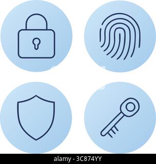 Quattro icone circolari con sfumatura blu raffiguranti un lucchetto, un'impronta digitale, uno scudo e una chiave per i temi di sicurezza informatica. Illustrazione Vettoriale