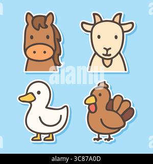 Una morbida illustrazione pastello di quattro teste di animali da fattoria: Un cavallo marrone, una capra bianca, un'anatra bianca e una gallina rossa su sfondo blu. Illustrazione Vettoriale