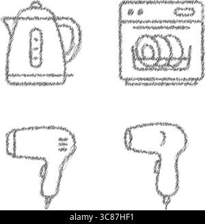 Quattro illustrazioni disegnate a mano degli elettrodomestici: Un bollitore elettrico, una lavastoviglie e due asciugacapelli. Illustrazione Vettoriale