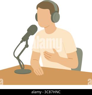 Immagine vettoriale piatta di una persona che indossa le cuffie e parla in un microfono da studio. Illustrazione Vettoriale