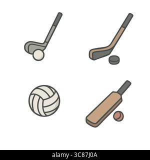 Una raccolta di quattro icone vettoriali piatte che mostrano una mazza da golf, una mazza da hockey, una pallavolo e una mazza da cricket. Illustrazione Vettoriale