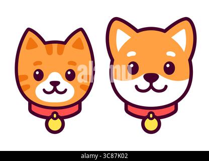 Simpatici ritratti di cani e gatti cartoni animati. Simpatici animali domestici con collari e targhette per i nomi. Illustrazione vettoriale. Illustrazione Vettoriale