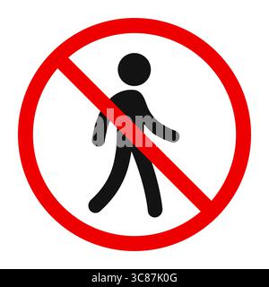 Niente camminate, niente entrate, segnale di stop, simbolo di avvertimento. Silhouette umana incrociata, semplice figura a bastoncino in cerchio rosso. Illustrazione vettoriale. Illustrazione Vettoriale