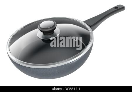Padella antiaderente con coperchio, padella nera con coperchio in vetro. Rendering 3D isolato su sfondo bianco Foto Stock