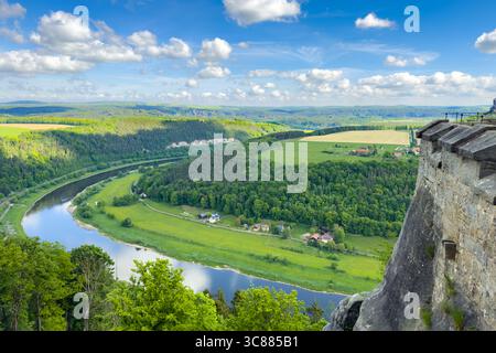 Konigstein, Germania - 11 maggio 2025: La prospettiva ad alto angolo dalla fortezza di Konigstein mostra la pittoresca campagna tedesca e il fiume Elba su ma Foto Stock