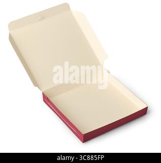 scatola di cartone aperta quadrata a due tonalità con fondo bianco isolato a profondità ridotta, all'interno è di colore bianco e pulito, piccoli regali, prodotti da forno Foto Stock