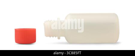 primo piano di una piccola bottiglia di plastica traslucida con tappo rosso staccato sfondo bianco isolato, modello di confezionamento di farmaci senza etichetta Foto Stock