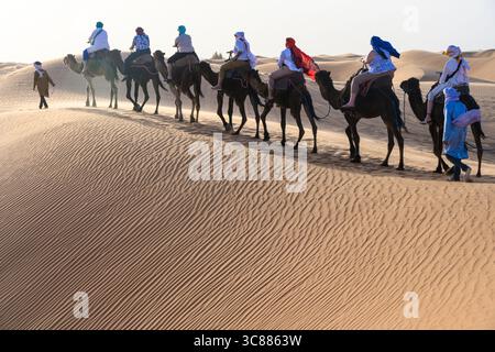 Giro in cammello tra le dune di Erg Chebbi nel deserto del Sahara, Merzouga, Errachidia, Marocco Foto Stock