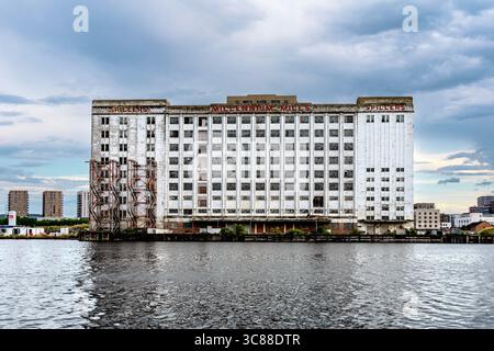 Mulino di farina del XX secolo abbandonato Millennium Mills a Silvertown, Londra, Inghilterra Foto Stock