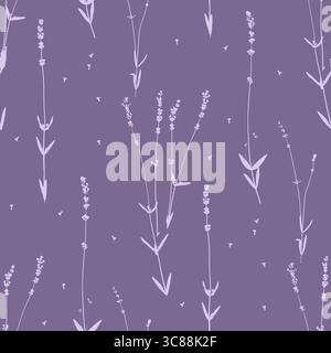 Grazioso motivo floreale senza cuciture con silhouette di fiori di erbe selvatiche alla lavanda. Sfondo dell'illustrazione vettoriale del fiore di Lavandula. Stampa in stile rustico vintage Illustrazione Vettoriale