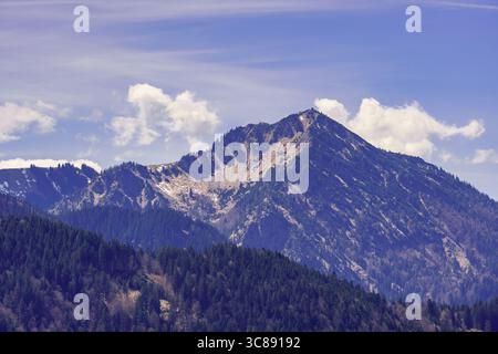 Una vista panoramica del monte Ringspitz che si innalza dietro la città lacustre di Bad Wiessee in Baviera, incorniciata da pendii boscosi e da un cielo alpino limpido. Foto Stock