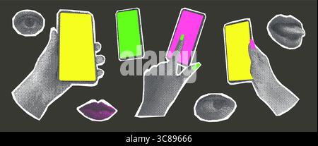 Mani mezzitoni che reggono telefoni, occhi, labbra, collage. Mobiles ritagliate su una donna modelli adesivi per supporti misti. Smartphone con schermo vuoto Illustrazione Vettoriale