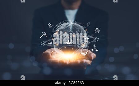 Uomo d'affari che tiene a mano una connessione Internet globale virtuale metaversa. Tecnologia delle applicazioni di connessione Internet globale per le aziende e marketing digitale Foto Stock