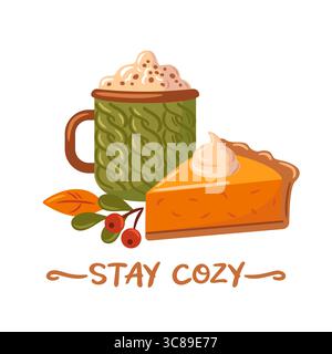 Una tazza calda di cioccolata calda ricoperta di latte schiumoso si trova accanto a una fetta di torta di zucca, circondata da vivaci foglie autunnali. Questa accogliente scena cattura Illustrazione Vettoriale