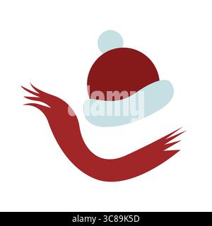Caldo cappello in lana invernale con pompom e sciarpa invernale a maglia rossa in stile piatto. Stile cartoni animati Doodle. Cappello invernale con bubo, abiti invernali. Semplice Illustrazione Vettoriale